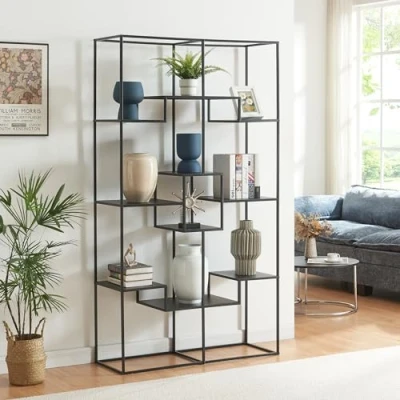 Imagen de [en.casa] Estantería de Pie Råde Librería Salón con Diseño Único para Despacho Oficina Sala Estar Metal 180 x 100 35 cm Negro