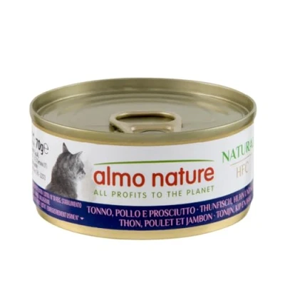 Imagen de Almo Nature HFC Natural Megapack Alimento húmedo para Gatos Atún, Pollo y jamón (6 latas de 70 g)