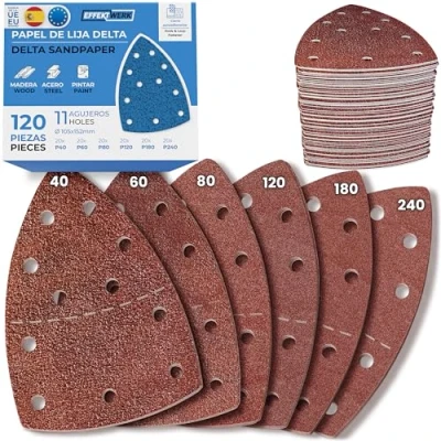 Imagen de Papeles de lija EffektWerk Delta (paquete 120, 11 agujeros), almohadillas lijado triangulares 105 x 152 mm para lijadoras ratón, tamaños grano múltiple (40, 60, 80, 180, 240)