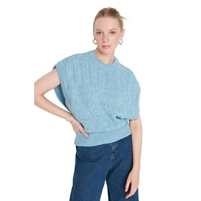 Imagen de Trendyol Mujer Regular Estándar Cuello Redondo Suéter Chaleco, Azul, S