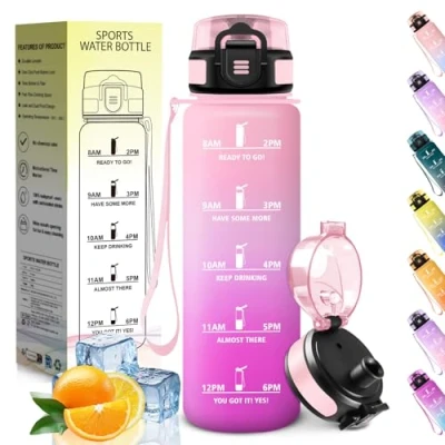 Imagen de HoneyHolly Botella Agua, 1L, Marcador de Tiempo, Portátil, Cantimplora, Libre BPA, Agua Gimnasio, A Prueba Fugas, Water Bottle para Ciclismo, Oficina y Exteriores