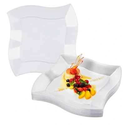 Imagen de MATANA 20 Platos de Plástico Duro Transparente, 26cm Diseño Onda Cuadrada para Fiestas, Bodas, Cumpleaños, Picnic, Navidad Resistentes, Elegantes y Reutilizables