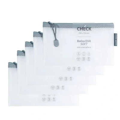 Imagen de Grafoplas Pack de 5 Bolsas con Cremallera EVA Soft Check, Blanco, Tacto Suave, Zipper Bags Hechas Goma Transparente, Ideal para Transportar y Proteger Todo Tipo Artículos Documentos