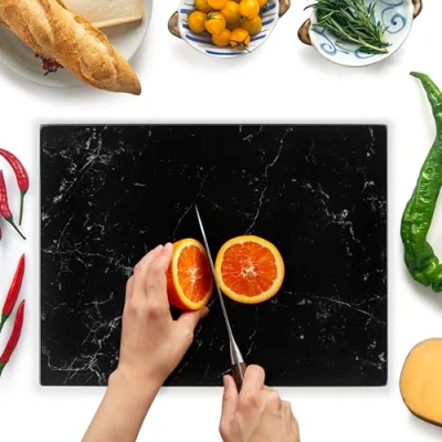 Imagen de Tabla de Cortar Vidrio 40 x 30 cm: Protector Encimera para Cocina Templado Duradero e Higiénico, Resistente a Arañazos EFECTO MÁRMOL NEGRO