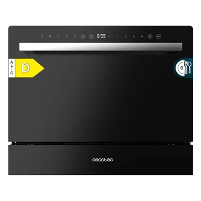 Imagen de Cecotec Lavavajillas Compacto 6 Cubiertos Bolero Aguazero 2400 Black Glass. 1380W, Acabado Cristal Negro, 5 Programas, Control Panel Táctil, Programable hasta 24h, Child Lock y Cesta para