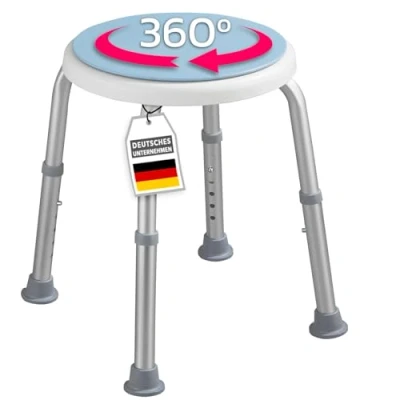 Imagen de KARAT Taburete de ducha giratorio 360, soporta hasta 150 kg, altura regulable con pies goma antideslizantes para un agarre seguro