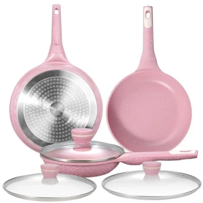 Imagen de DYGG 6 PCS Juego Sartenes Antiadherentes 20, 26 y 28 cm con Tapa Sartén Rosa Sin Tóxicos, Granito Antiadherente 100% Libre PFAS PFOA, Compatible Inducción, Gas Todas Cocinas