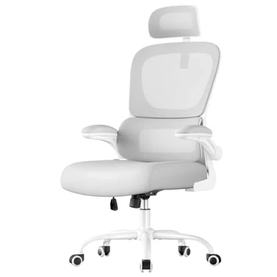 Imagen de SONGMICS Silla de Oficina, Escritorio, Ergonómica, Tejido Malla Doble Capa, Reposabrazos Plegables, Lumbar y Reposacabezas Ajustables, Mecedora, Gris Paloma OBN041G01