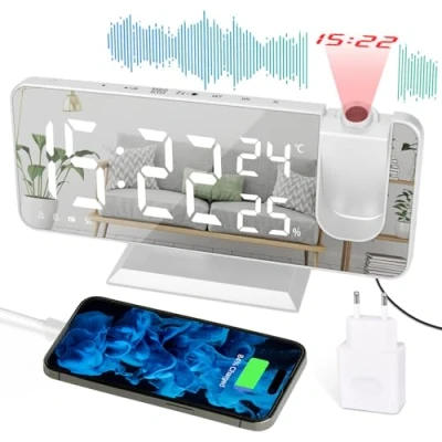 Imagen de EVILTO Despertador de Proyección Reloj Digital LED con Cargador Puerto USB Alarma Dual Radio FM, Temperatura Humedad 12/24H, Volumen Ajustable Brillo, Blanco