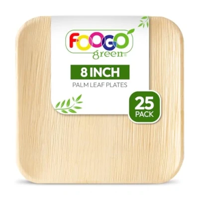 Imagen de FOOGO Green 25 Platos Desechables de Hoja Palma, 8&quot; (20 cm) Medianos Cuadrados, Compostables, Como Madera, Papel, Comida Caliente, Bodas, para Fiestas, Picnics