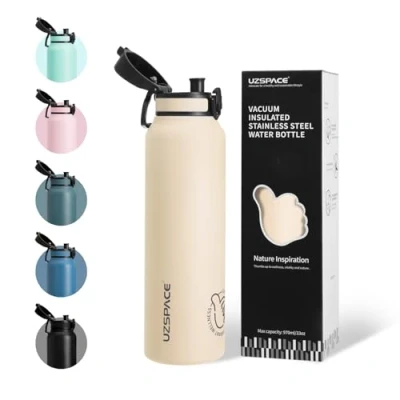 Imagen de UZSPACE botella de acero inoxidable 1 l (970 ml), deportiva aislada doble pared con tapa abatible, apertura una mano, a prueba fugas, agua para senderismo, deportes