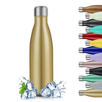 Imagen de TITIROBA botella de agua acero inoxidable, 500 ml, aislada al vacío, a prueba fugas, aislamiento, sin BPA, 24 horas en frío y 12 color dorado champán brillante