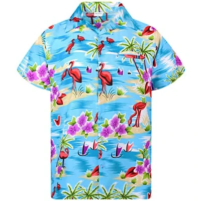 Imagen de King Kameha Funky Camisa Hawaiana, Manga Corta, Flamingos, Turquesa, S