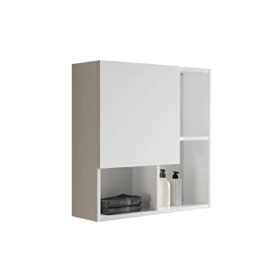 Imagen de Mama Store, Blanco Brillante Lacado Mueble de Pared con Puerta asimétrica, Roble Madera, L.71 x P.22 H71 CM