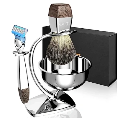 Imagen de Juegos de regalo GRUTTI Razor para hombres, kit afeitado manual con soporte resistente y tazón jabón brocha afeitar navaja Badger, compatible Fusion 5