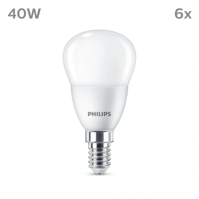 Imagen de Philips Bombilla LED esférica P45, 4.9W (Eq. 40W) 470 lúmenes, casquillo E14, Luz Cálida (2700k) Pack de 6 bombillas