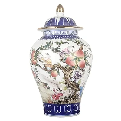 Imagen de fanquare Jarrón de Tarro Pastel Rústico Jingdezhen, Porcelana con Diseño Melocotón, Grande Estilo Chino Ming, Altura 25cm