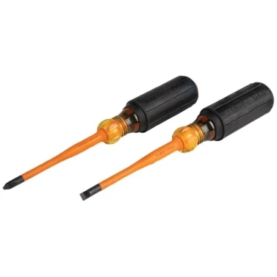 Imagen de Klein Tools 33732INS Juego de destornilladores aislados punta delgada 1000 V, 2 puntas Phillips y gabinete 1/4 pulgadas, mango agarre acolchado, piezas, negro naranja