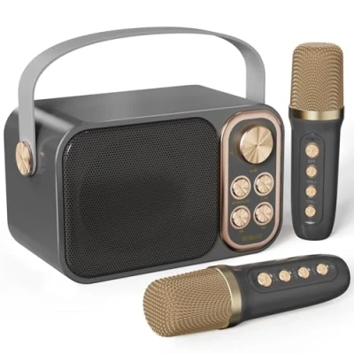 Imagen de BESCOST Karaoke Profesional con 2 Micrófonos Inalámbricos, Bluetooth Altavoz para Niños, Portátil Máquina de Ideal Boda, Fiesta, Cumpleaños（Gris Metálico）