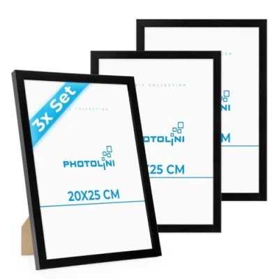 Imagen de PHOTOLINI marcos 20x25 cm negro madera MDF, set de 3 para pósteres, cristal acrílico, colgar y poner pie, incluye accesorios fotos, láminas pósteres