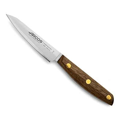 Imagen de Arcos Cuchillo Pelador Acero Inoxidable. Cocina Profesional para Pelar Frutas y Verduras. Mango Madera Ovengkol 100% Natural FSC Hoja 100mm. Serie Nordika. Color Marrón.