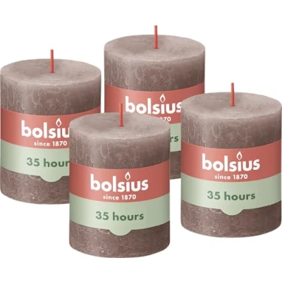 Imagen de Bolsius Velas rústicas gris claro 4 unidades 8 x 7 cm decorativas para el hogar Duración de combustión 35 horas Sin perfumar Cera vegetal natural aceite palma