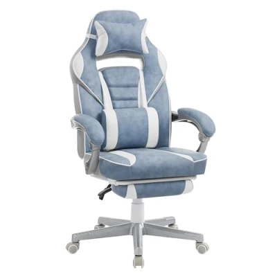 Imagen de SONGMICS Silla de Oficina, Juego, Ajustable, reposapiés telescópico, Mecanismo basculante, reposacabezas, Soporte Lumbar, Carga 150 kg, Azul Lago y Blanco Crema OBG073Q01