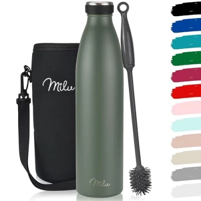 Imagen de Milu botella de acero inoxidable 350, 500, 750 ml, 1 L, 1,5 térmica aislante, a prueba fugas, doble pared, apta para bebidas con gas, incluye cepillo limpieza (verde oliva, L)