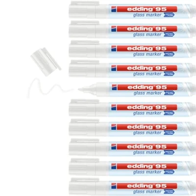 Imagen de edding 95 marcador para cristal blanco 10 rotuladores borrable vidrio punta redondeada 1,5 3 mm escribir y marcar en ventanas pizarras de borrado seco