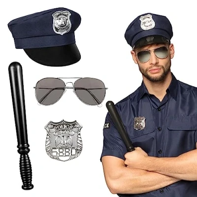 Imagen de Boland 01410 Juego de policía, gorra, gafas fiesta, insignia y porra 33 cm, negro plata, sheriff, disfraz, carnaval, fiesta lema