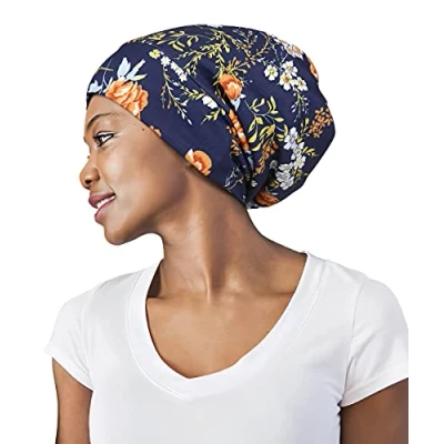 Imagen de Gorro de dormir ajustable con forro satén para rastas, cabello rizado, cabeza grande, permanece en la noche, Azul Naranja, Talla única