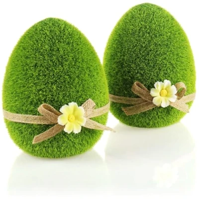 Imagen de com four® 2X Figuras Decorativas Huevo de Pascua con Lazo y Flores Verdes para la Primavera Huevos cerámica Cubiertos césped Artificial (2 x 15cm)