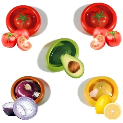 Imagen de Qivine Juego de 5 Recipientes Almacenamiento Frutas y Verduras Silicona Reutilizables para Refrigerador, Aguacate Keeper Cebolla, Conservación Alimentos Tomate, Limón