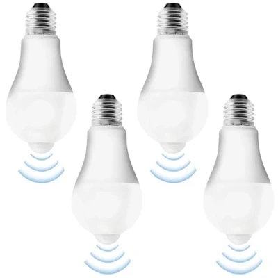 Imagen de Pack de 4 bombillas LED E27 con sensor movimiento: Bombilla PIR lámpara 12W blanco frío 6500K luz ahorro energía para pasillo, garaje, escaleras, balcón