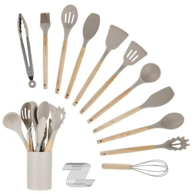 Imagen de Juego de Utensilios Cocina Set 12 Piezas Silicona con Caja Cubiertos y Mango Madera Resistente al Calor, Antiadherente Apto para Lavavajillas (Caqui)