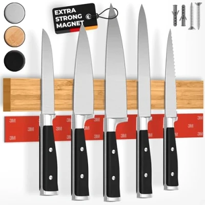 Imagen de Cuchillo de barra magnética con imán extra fuerte Comparación ganador 2022 Fácil montaje cinta adhesiva 3M, autoadhesiva bambú 40cm