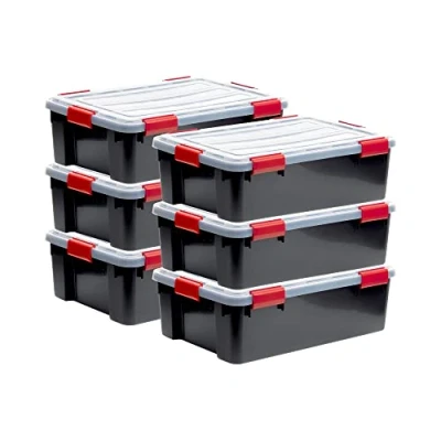 Imagen de Iris Ohyama 6 Cajas herméticas de plástico con tapa y cierres a presión, 30L, Negro, sello impermeable, apilables, antipolvo, para ropas, camping, exteriores, cubo almacenaje, box, DDAT LS