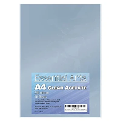 Imagen de Essential Arts Lote de 10 hojas acetato (A4, 240 micrones, unidades, PVC, extra gruesa, para grabado, manualidades, plantillas y regalos (210 x 297 mm)