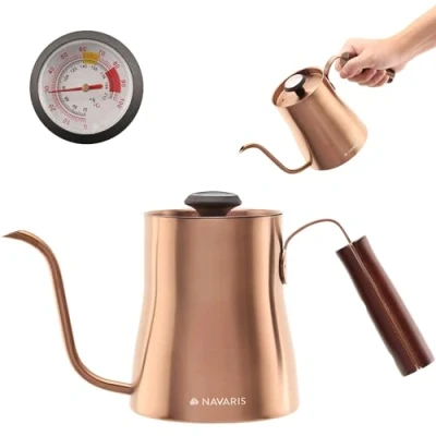 Imagen de Navaris Hervidor de Agua para café Tetera 1 L hervir con termómetro y Tapa Calentador Acero Inoxidable Mango Madera Color Cobre