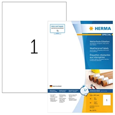 Imagen de HERMA 10775 etiquetas impermeables de papel especial DIN A4 (210 x 297 mm, 80 hojas, papel, impregnadas), autoadhesivas, imprimibles, extremadamente fuertes, para exteriores, adhesivas,
