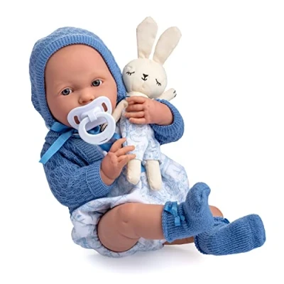 Imagen de JC TOYS Muñeco La Newborn recién Nacido de 38 cm, Vinilo Suave, colección Royal, Ropa con Dibujo Toile jouy, Chupete y Peluche, niño, Azul, diseñado en España por Berenguer, 2 años