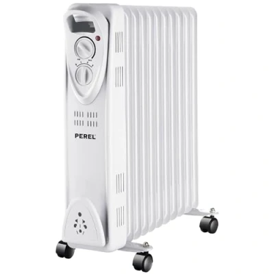 Imagen de Perel Radiador de aceite 2500W con 11 elementos, 3 niveles calor, termostato ajustable, asa, ruedas, protección contra sobrecalentamiento y vuelco, calefactor portátil, silencioso eficiente