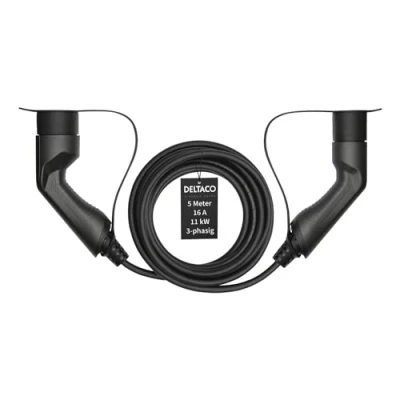 Imagen de DELTACO Cable de Carga Tipo 2 para Coches eléctricos y vehículos híbridos, Mennekes Compatible con ID.3, ID.4, Zoe, E Tron, Modelo S/3/X/Y, Hoja 3 Fases, 16 A, 11 kW, 5 Metros