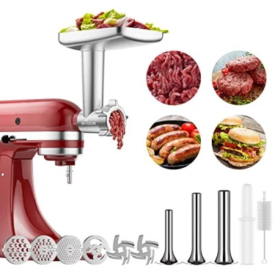 Imagen de GVODE Accesorio picadora de carne para KitchenAid robot cocina, incluye 3 cuernos rellenar salchichas,Accesorios