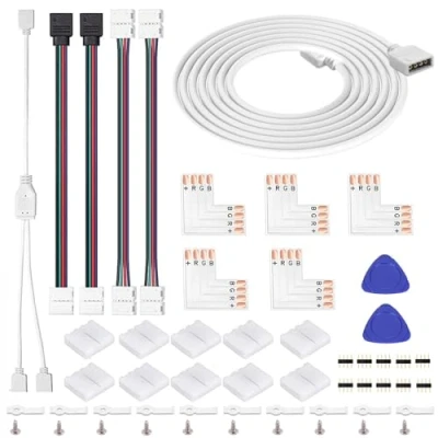 Imagen de 53 conectores de tira LED 4 pines 8 mm 3528 2835 RGB Kit conector luz cuerda, extensión LED, distribuidor 2 en 1, sin soldadura, PCB forma L, puente para