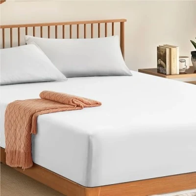 Imagen de My Home Store Sábana Bajera Ajustable Doble, 100% algodón Egipcio, 300 Hilos, Calidad hotelera, 30 cm, Color Blanco