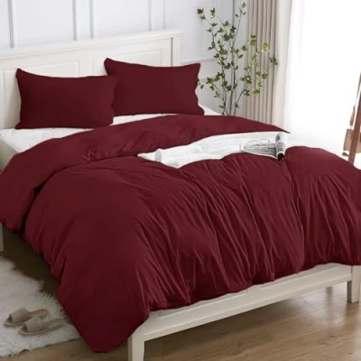 Imagen de Cotopuro Funda Nórdica Cama 135/150 de 100% Algodón, Juego Edredón 240x220 y 2 Fundas Almohada 50x80 Algodón Premium 150GSM, Suave, Transpirable, Hipoalergénico Burdeos