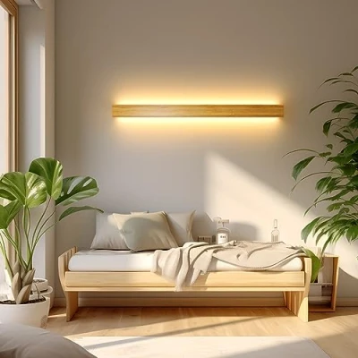 Imagen de Lámpara De Pared Interior LED Aplique Madera Moderno Apliques 3000k 18w Natural Bambú Luz Larga Para Sala Estar, Dormitorio Pasillo Escalera Iluminación,60cm