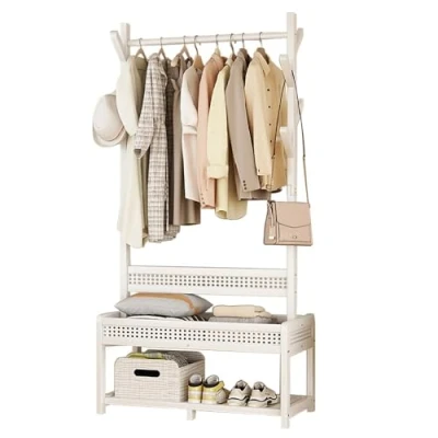 Imagen de FGHUF Moderno Burro Ropa Dormitorio, Resistente Multifuncional, Perchero con Cesta De Almacenamiento, Percheros Pie Blanco, para Bambú(100cm)