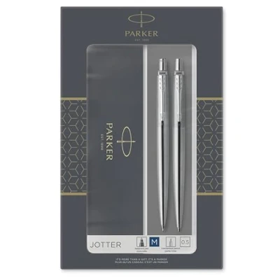 Imagen de Parker Jotter set de regalo doble con bolígrafo y portaminas (0,5 mm), acero inoxidable adorno cromado, recambio tinta azul, estuche